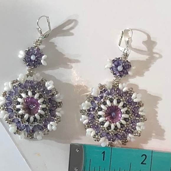 Purple and White Dangle Earrings - Picture 5 of 7